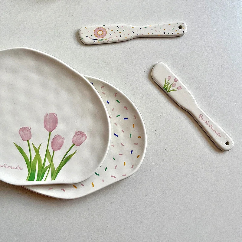 Ceramic Plate Dinner Set INS Lovely Tulip Donuts Butter Cheese Knife French Dessert Plate Jam Cream Spatula Wedding Tableware
