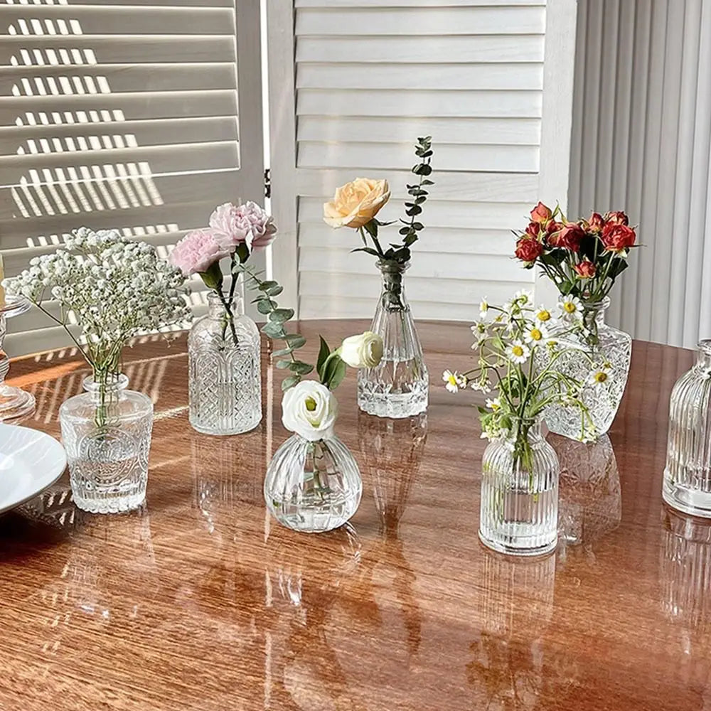 Vintage Relief Vase INS Mini Glass Vase Прозрачна хидропонна растение ваза десктоп орнаменти сватбени партита доставки домашен декор