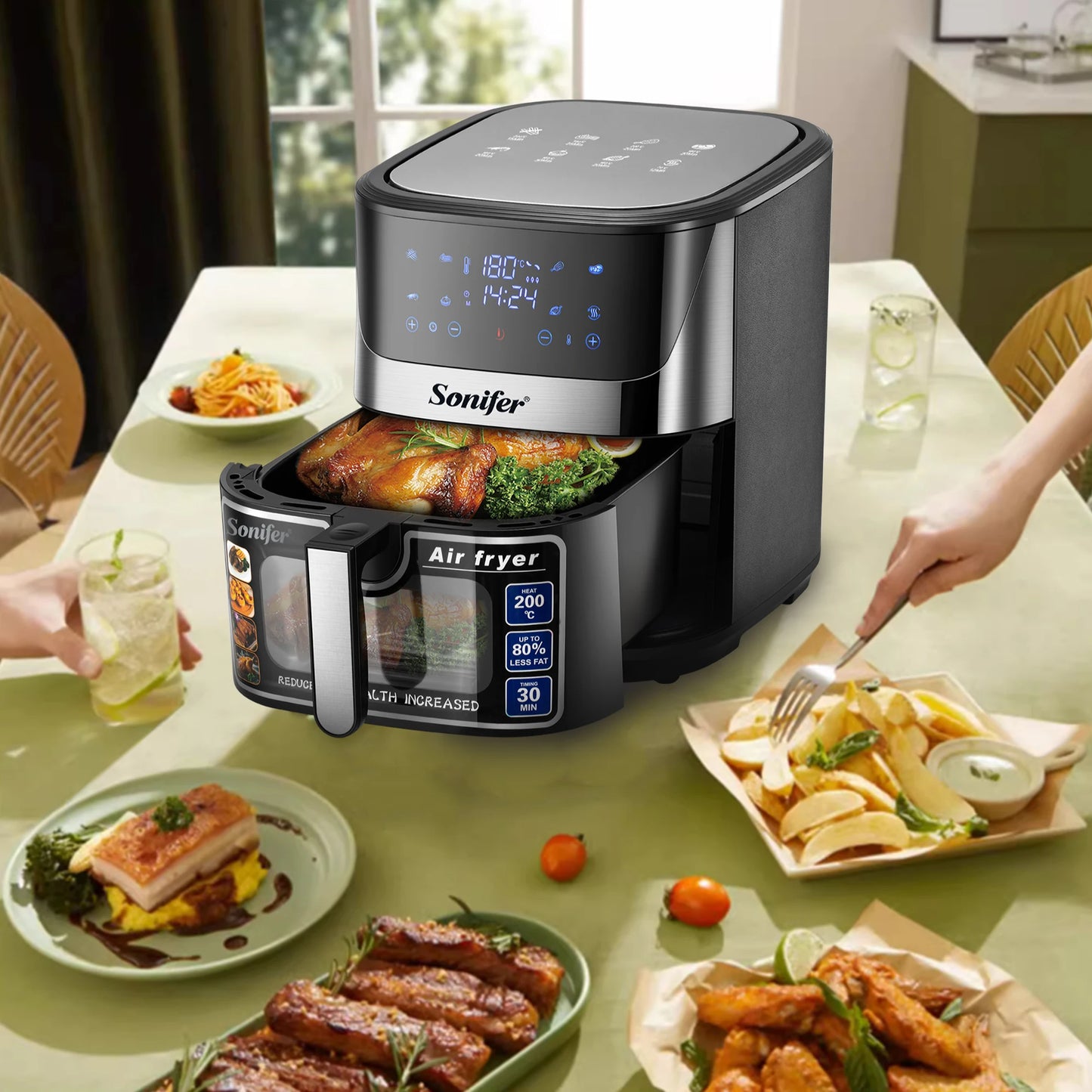 Sonifer Air Fryer SF-1034. Capaciteit van de pot: 8.5L. Temperatuurregeling: 80-200 ° C Tijdregeling: 1-60 minuten. LEED Display en Touc