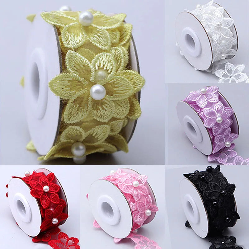 Flower Organza Ribbon Pearl Beaded Embroidered Lace Ribbon Trim Fabric Handmade Wedding Dress DIY Clothing Sewing Supplies