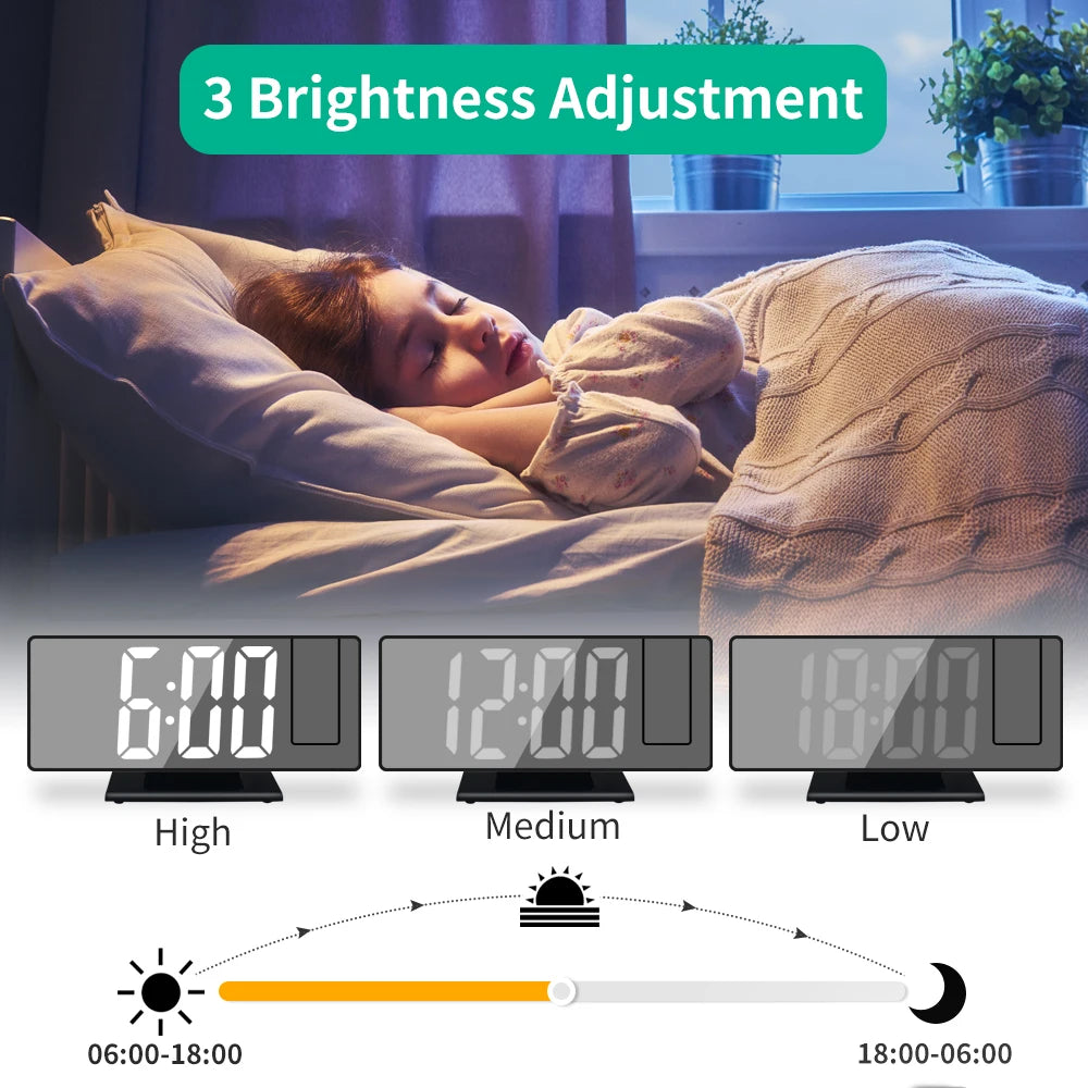 USB Powered Digital Alarm Clock 180° Arm Projection Alarm Clock Time Temperature Snooze Table Clock 12/24H Projector LED Clock