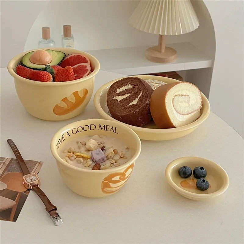 Korean Style Household Ceramic Tableware Set Creative Bread and Toast Printed Noodle Bowls Meal Plate Home Porcelain Dinnerware