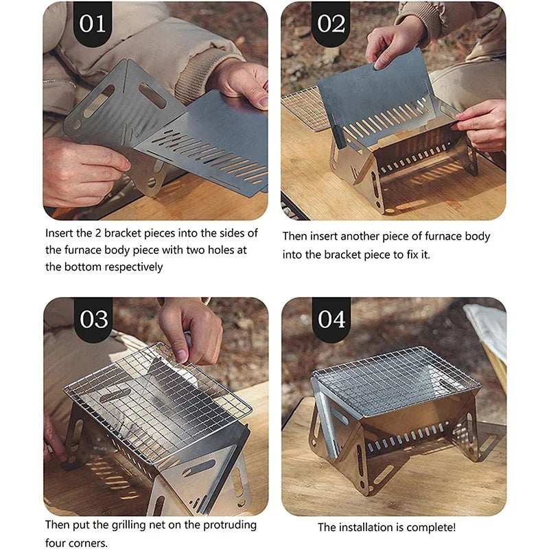 Portable Klappung vu Barbecue Grill Heizung, déi manner Multifunktioun Camping BBQ Grill Rack Net Brennwood stousse stain bbq Grill