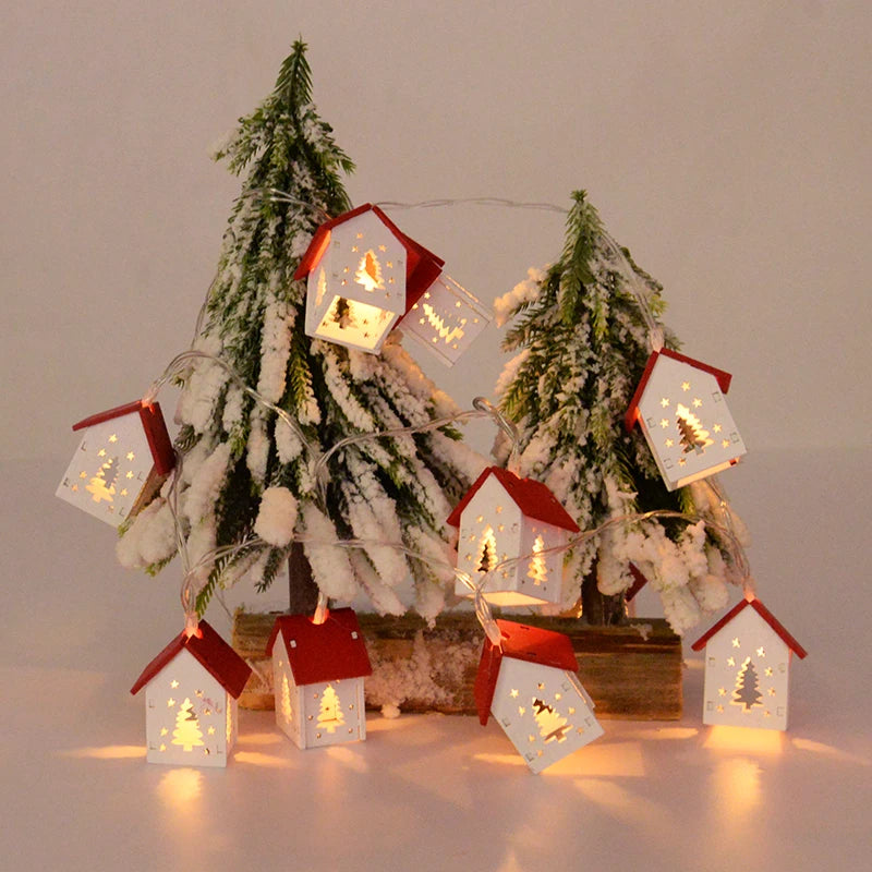 Коледна дървена къща LED струна светлина Xmas Tree Висящо орнамент 2024 Коледна украса за домашни деца Нова година Подарък Navidad