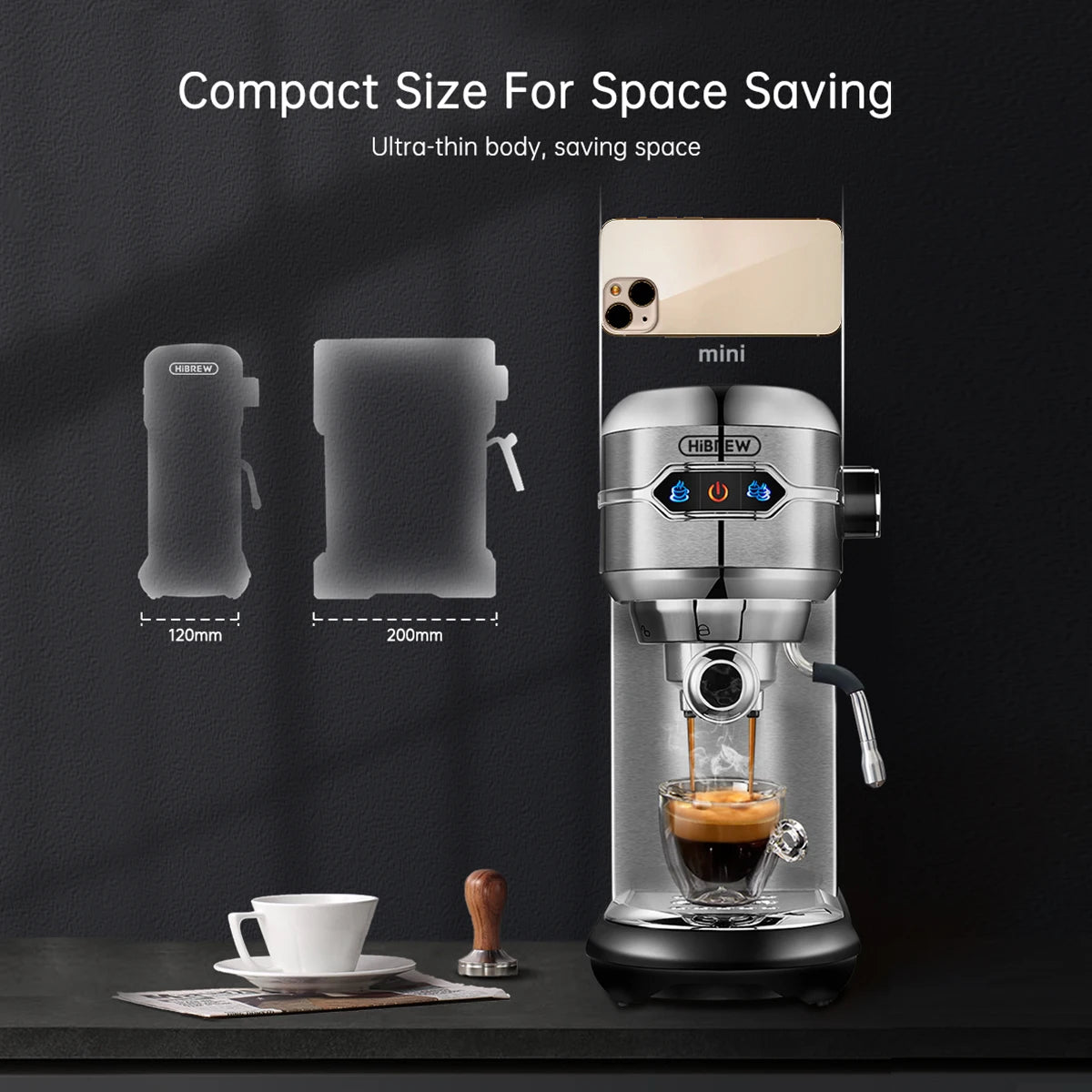 HIBREW COFFECE CATERA 20 BAR INOX SEMIMATICKÝ SUPER SLIM ESE POD & POWER ESPRESSO CAPPUCCINO HORKÁ VODA H11