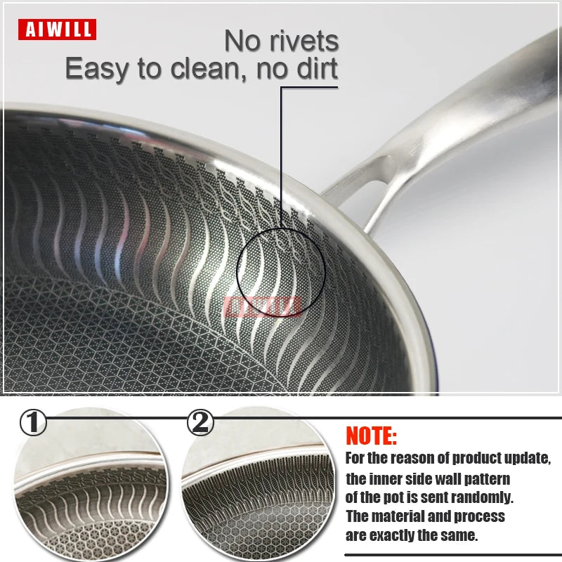 AIWILL Kitchen Quality 316/304 Stainless Steel Frying Pan Nonstick Pan Cooking Fried Steak Pot Skillet Gas/Induction Cookware