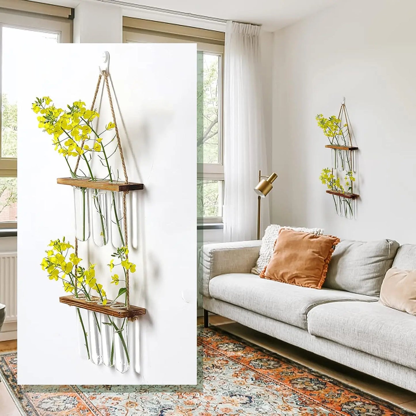 Wall Hanging Test Tube, Glass Planter Plant Vase with Wooden Stand & Strings Rope, Glass Planter Plant Terrarium (2 layer)