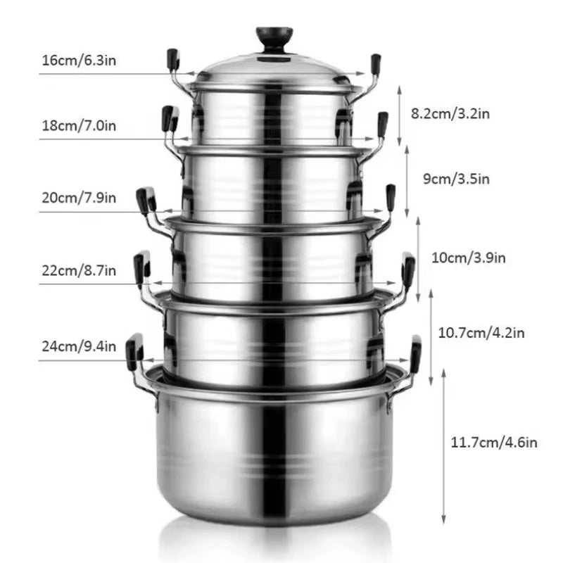 5pcs/set Stainless Steel Pots 16/18/20/22/24cm Soup Pot Nonmagnetic Cooking Cookware Non Stick Pan Induction Cooker Pot