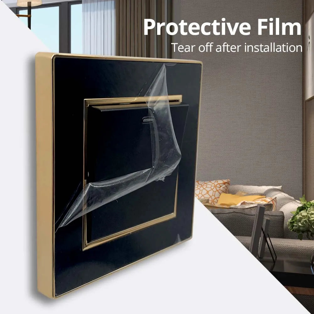 Wallpad Wall Black Acrylic Panel With Gold Border UK US Sockets And Switches 220V 1/2/3/4 Gang 1 2 3 Way Momentary Contact