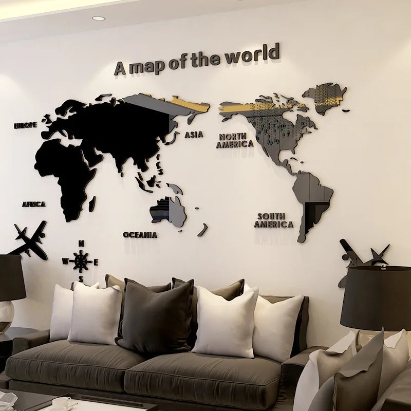 Nordic World Map Acrylic 3D Wall Decal Office Study, Living Room, Sofa, Background Wall Decoration