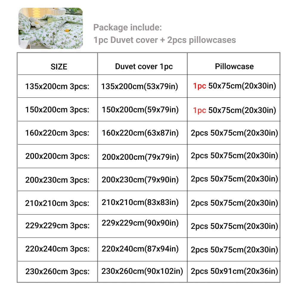 2/3pcs Set Green Flower Print Duvet Cover with Pillow Case Nordic Comforter Bedding Set Quilt Cover Queen/King Double Bed