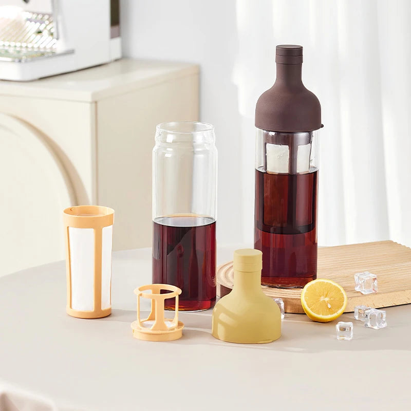 Glass Manual Cold Brewer Coffee Machine,900ML Portable Juicer,Summer Making Ice Coffee Fruit Tea,Milk Frother,for Refrigerator