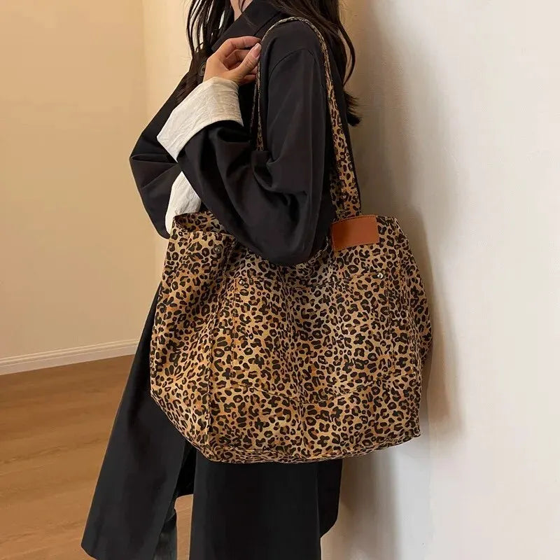 Leopard Pattern Tote Bag Vintage Canvas ramenní taška módní velká kabelka pro školní práce
