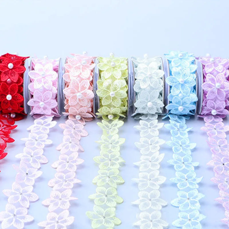 Flower Organza Ribbon Pearl Beaded Embroidered Lace Ribbon Trim Fabric Handmade Wedding Dress DIY Clothing Sewing Supplies