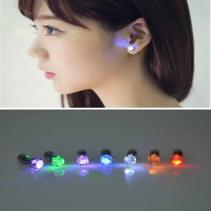 1 Pair Light Up LED Bling Ear Stud Rings Korean of Flash Zircon Accessories for Party Women Christmas Glow Stick