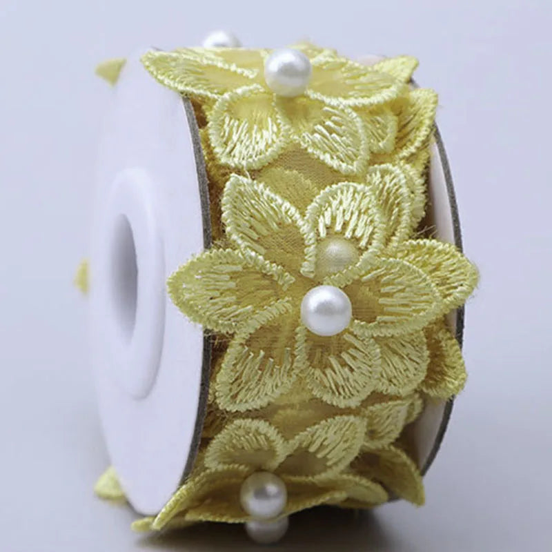 Flower Organza Ribbon Pearl Beaded Embroidered Lace Ribbon Trim Fabric Handmade Wedding Dress DIY Clothing Sewing Supplies