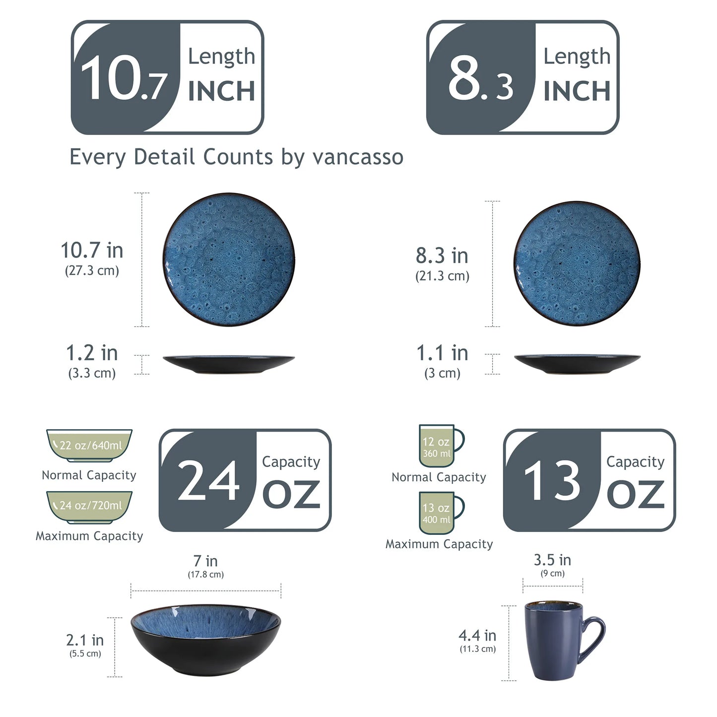 Vancasso Bubble 16/32/48-stykke Tableware Set Vintage Ceramic Blue/Brown Stenteware Set med middag og dessertplade, skål, kaffekopper