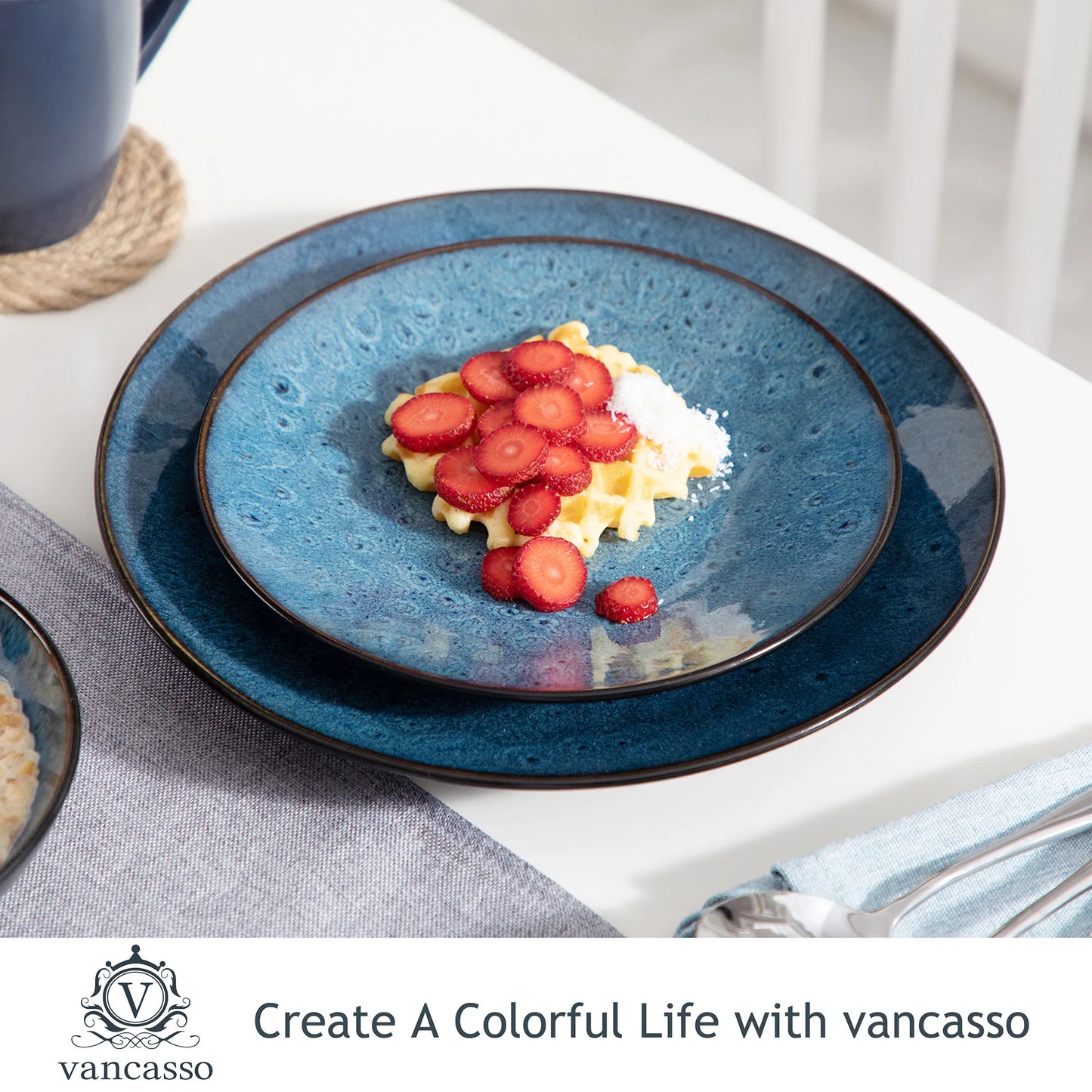 Vancasso Bubble 16/32/48-stykke Tableware Set Vintage Ceramic Blue/Brown Stenteware Set med middag og dessertplade, skål, kaffekopper