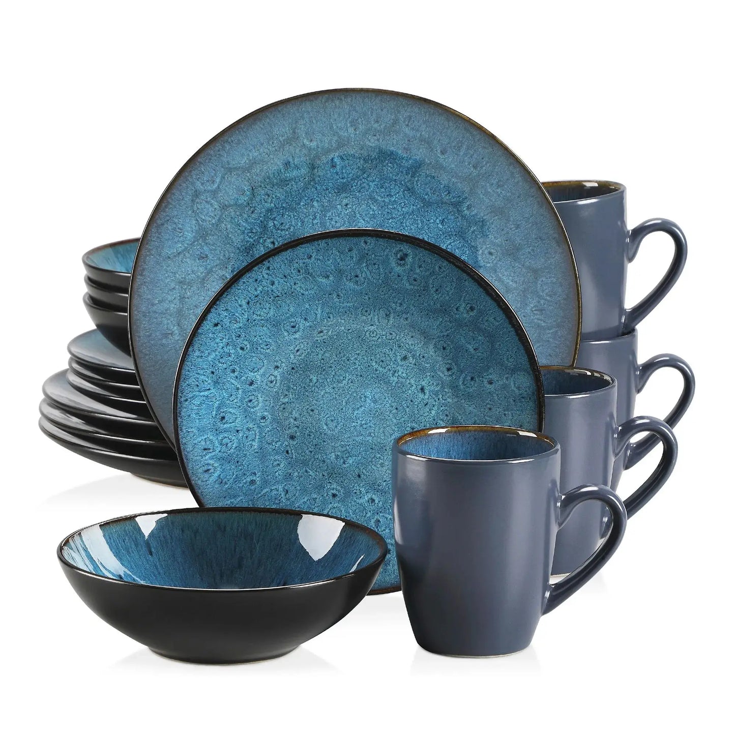 Vancasso Bubble 16/32/48-stykke Tableware Set Vintage Ceramic Blue/Brown Stenteware Set med middag og dessertplade, skål, kaffekopper