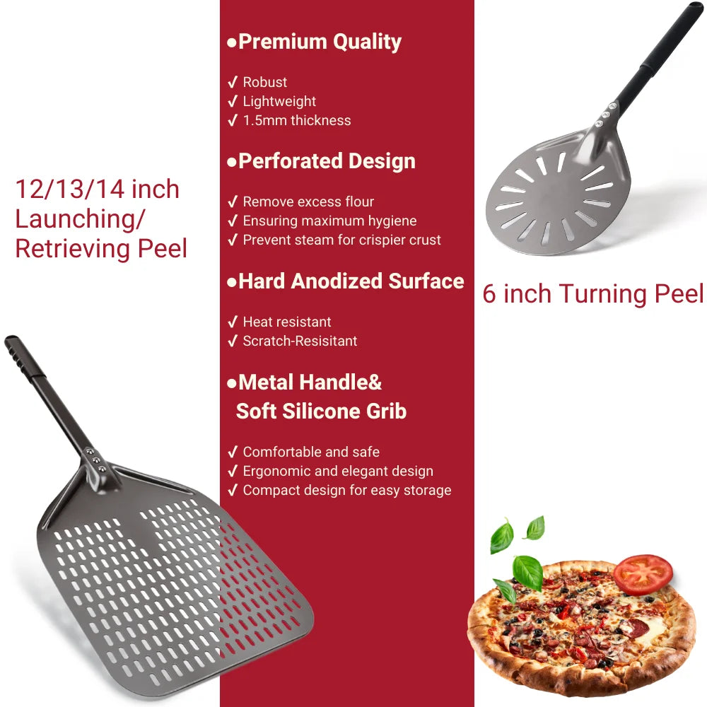 6&12 13 14 Inch Pizza Set Perforated Shovel Paddle Pizza Oven Turning Peel Hard Anodized Pizza Baking Kitchen Tool Spatula