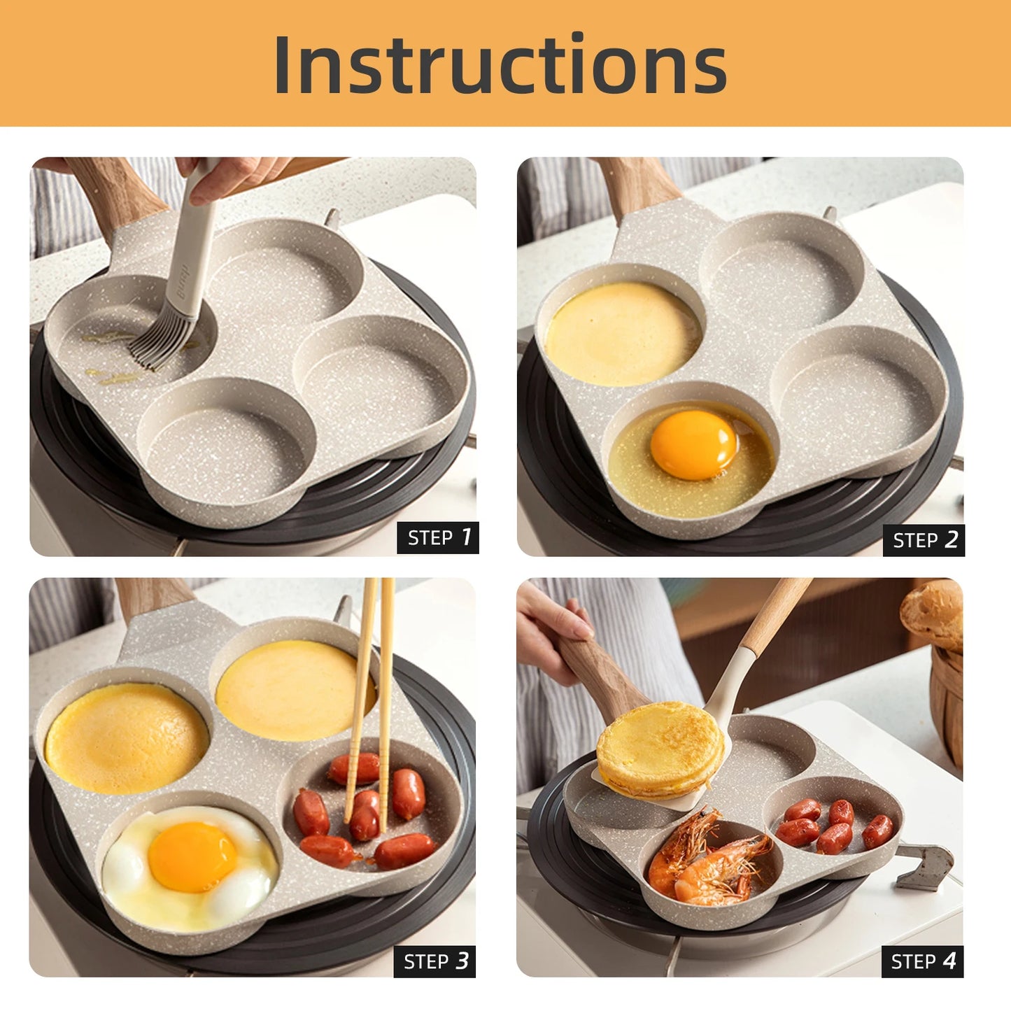 4 Hole Omelet Pan Frying Pot Thickened Nonstick Egg Pancake Steak Cooking Pan Hamburg Bread Breakfast Maker Induction Cookware
