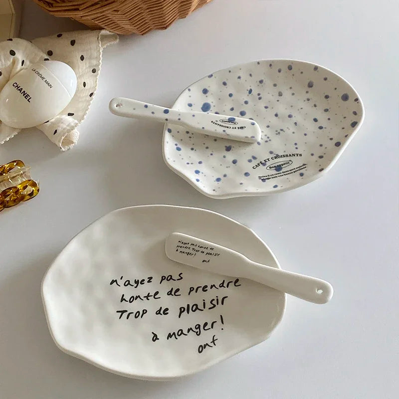 Ceramic Plate Dinner Set INS Lovely Tulip Donuts Butter Cheese Knife French Dessert Plate Jam Cream Spatula Wedding Tableware