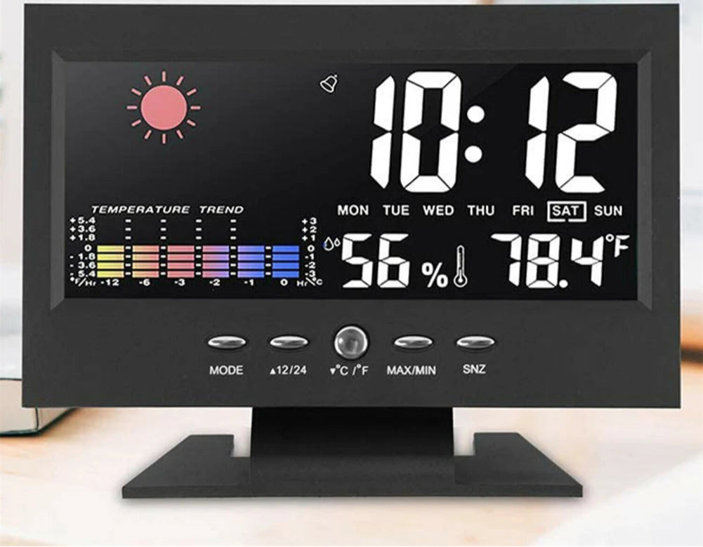 5-in-1 Led Digital Alarm Clock Calendar Weather Display Thermometer Humidity Monitor With Snooze Functions