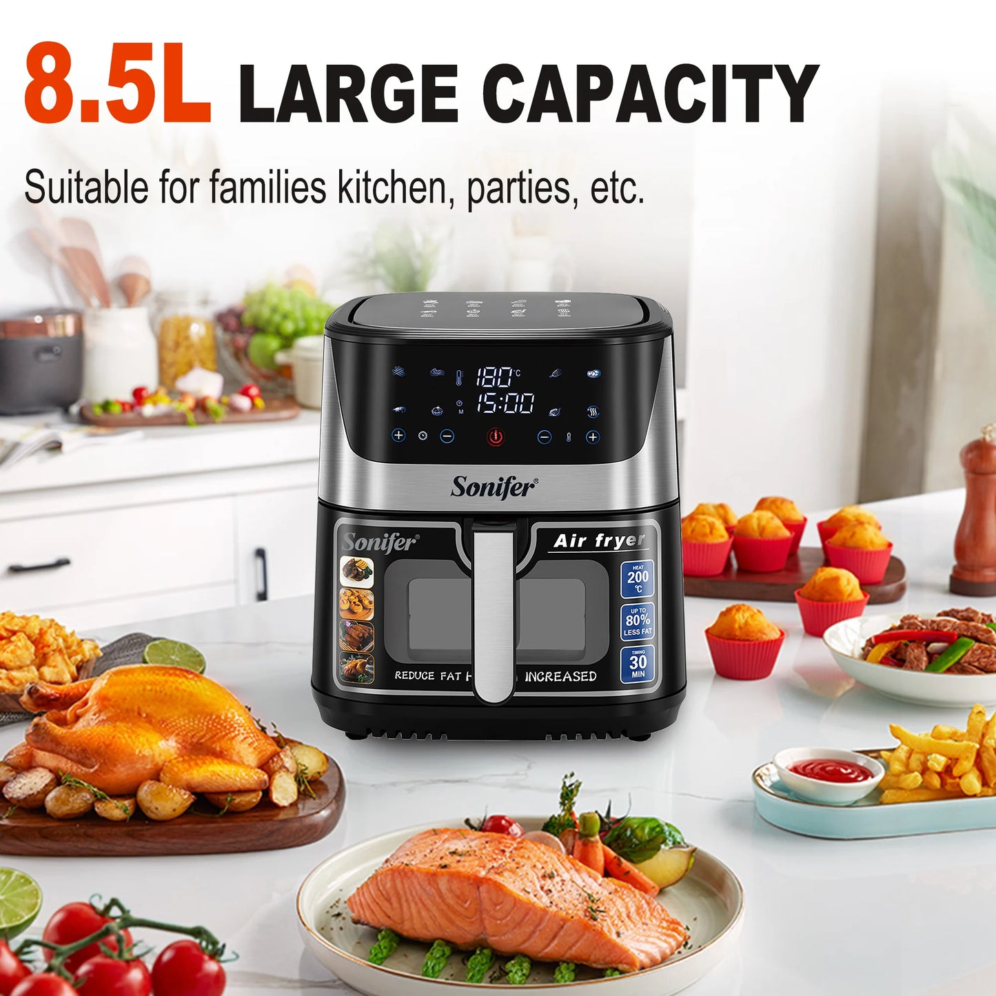 Sonifer Air Fryer SF-1034. Capaciteit van de pot: 8.5L. Temperatuurregeling: 80-200 ° C Tijdregeling: 1-60 minuten. LEED Display en Touc