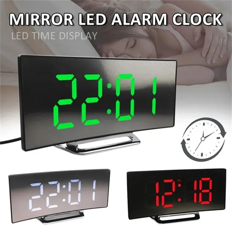 LED ébresztőóra tükör ívelt képernyő digitális ébresztőóra alvási hőmérsékleten a hálószobás nappali irodai iskola számára
