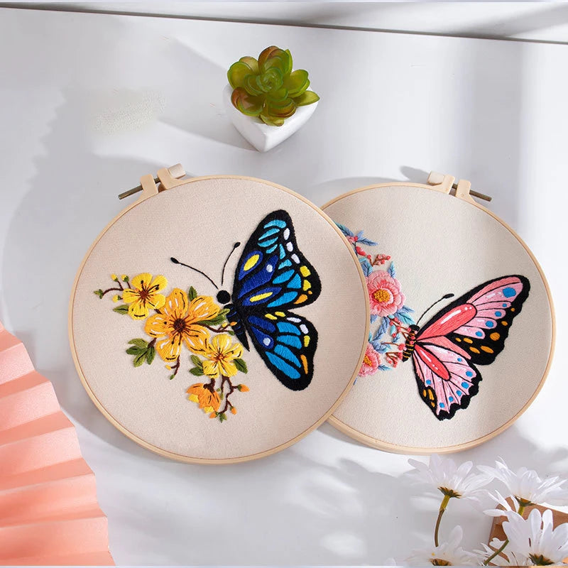 DIY Embroidery Kit Butterfly Printed Pattern for Beginner Cross Stitch Set Needlework Hoop Handmade Sewing Art Craft Kit