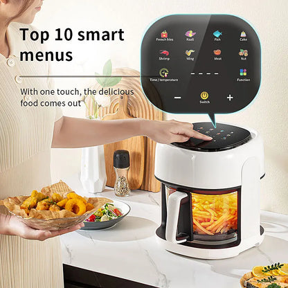 Smart Electric Air Fryer stor kapasitet Konveksjon Ovn frityrgryter uten oljekjøkken 360 ° bakervarer synlig vindu Hjemmeapparat