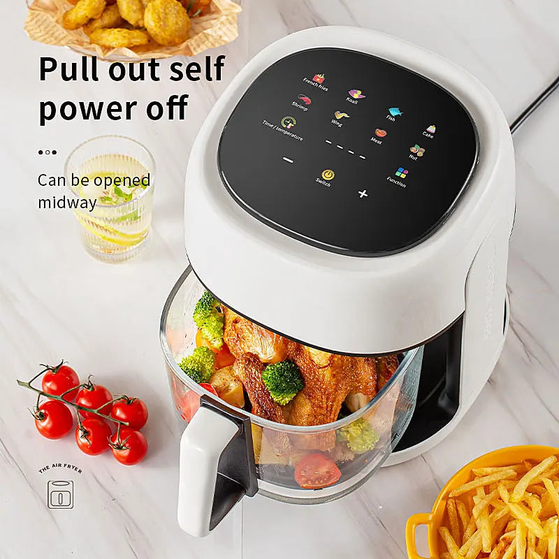 Smart Electric Air Fryer stor kapasitet Konveksjon Ovn frityrgryter uten oljekjøkken 360 ° bakervarer synlig vindu Hjemmeapparat