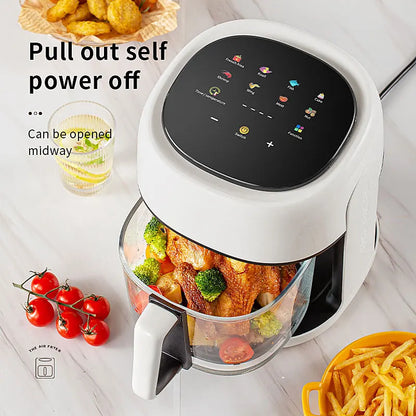 Smart Electric Air Fryer stor kapasitet Konveksjon Ovn frityrgryter uten oljekjøkken 360 ° bakervarer synlig vindu Hjemmeapparat