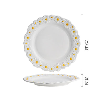Ceramic Embossed Little Daisy Plate Dinner Set Household Dishes Rice Soup Bowl Meal Plate Bakeware Kitchen Tableware