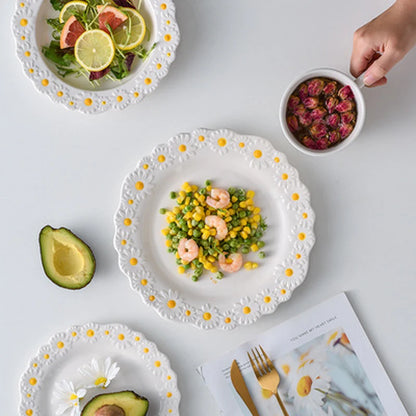 Ceramic Embossed Little Daisy Plate Dinner Set Household Dishes Rice Soup Bowl Meal Plate Bakeware Kitchen Tableware