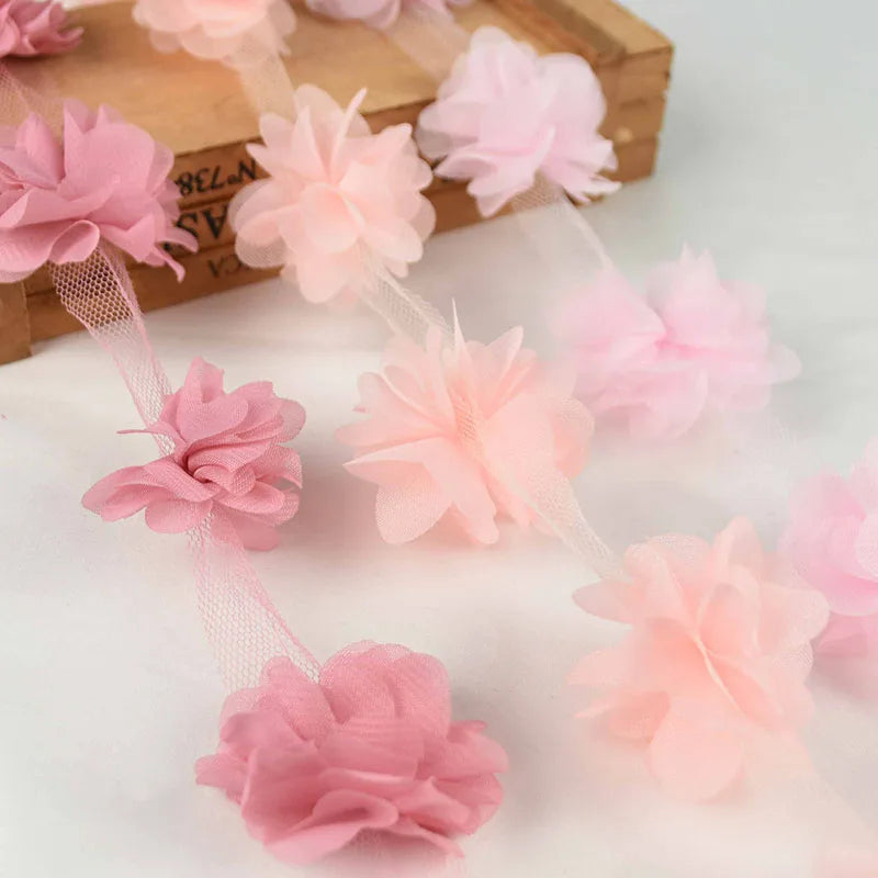 2Yards 24Pcs Flowers 3D Chiffon Cluster Flowers Lace Dress Decoration Lace Fabric Applique Trimming DIY Crafts Sewing Supplies