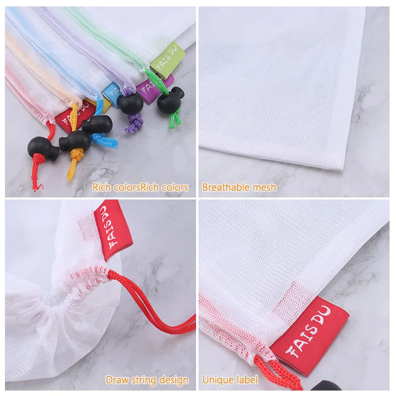 FAIS DU 5pcs Mesh Reusable Storage Bags Comes With Logo Fruit Vegetable Home Washable Bags Kitchen Storage Bags Storage Supplies