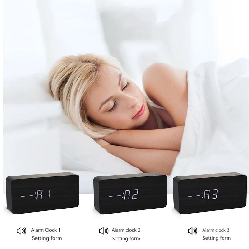 Houten vierkant LED slimme wekkers voor slaapkamers, digitale nachtklok met temperatuur, spraakregeling, desktopklok
