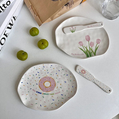 Keramisk platta middag set ins härlig tulpan donuts smör ostkniv fransk dessert platta sylt grädde spatula bröllop tabell