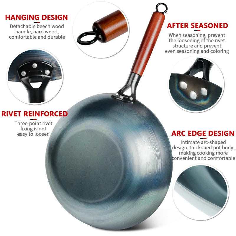 Flat Bottom Wok Pan 13.5" Woks And Stir Fry Pans Blue Iron Cookware Traditional Chinese Cookware For Electric Induction Cooktops