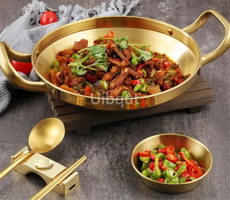 Rustfritt stål Gold Golden Seafood Rice Pot Home Cooking Paella Pan Picnic Snack Plates Kokekar Koserolle Dry Pots med håndtak