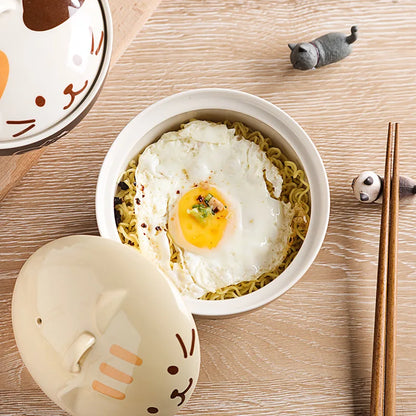 Tazón de sopa de cerámica creativa japonesa lindos animales de dibujos animados con tapa gato tazón para el tazón de tazón de tazón de tazón