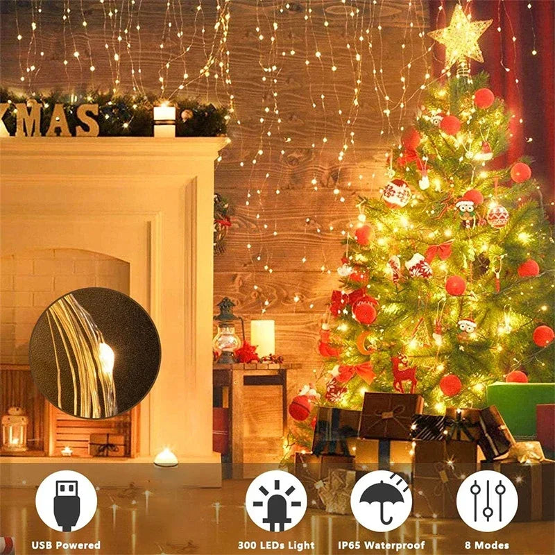 3M LED завеси String Lights Фея декорация USB Holiday Garland Lamp 8 режим за домашна градина Коледно парти Нова година сватба