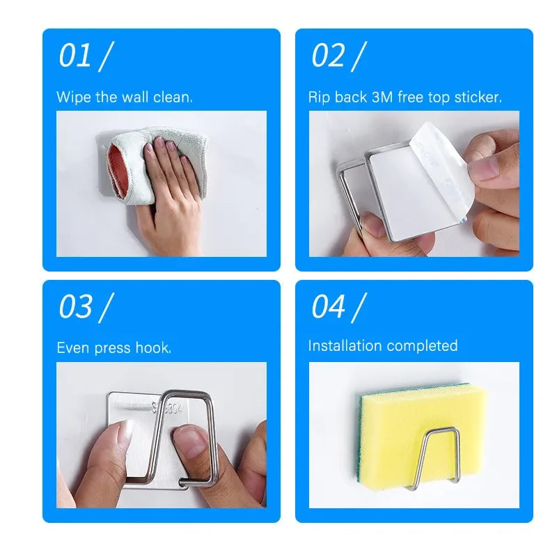 Køkkenarrangør Sponge Holder Soap Drying Rack Selvklæbende synkeafløbsstativer Rustfrit stålvask vægopbevaringsstativ