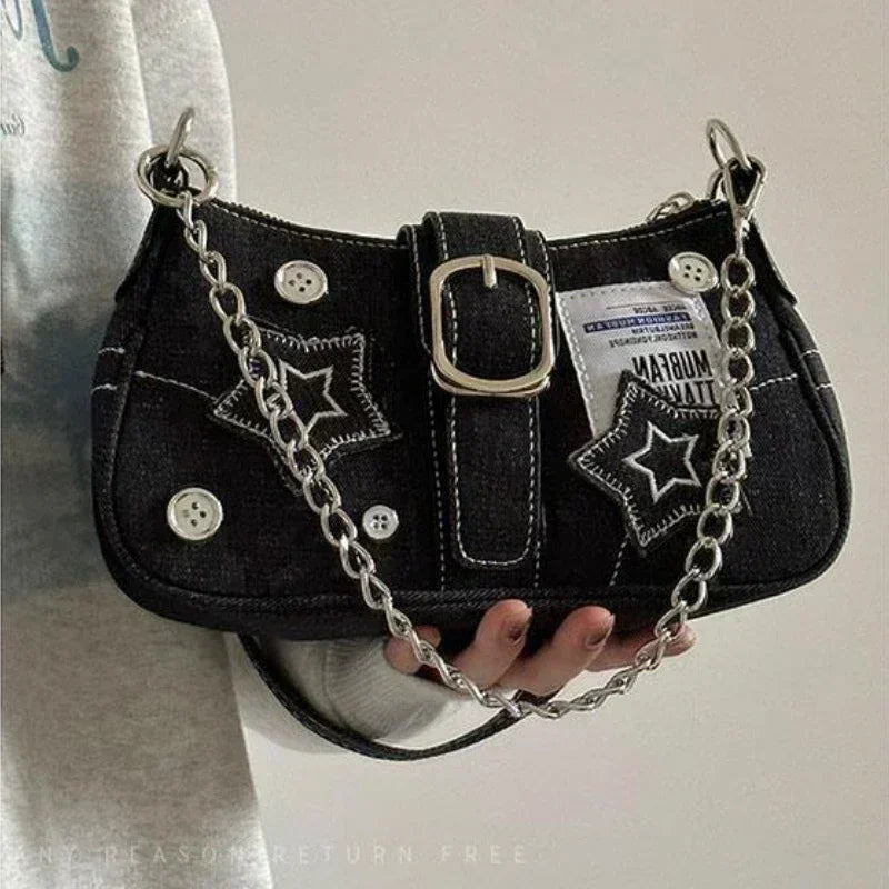 Y2k mode dames handtassen sterren patroon coole meisjes onderarm tas mode canvas vrouwelijke kleine schoudertassen ketting tote portemonnees
