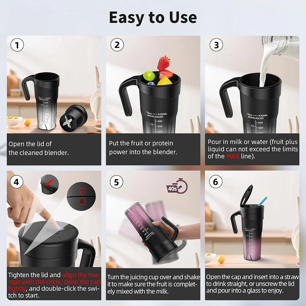 Bærbar fruktjuicer 6 skarpe kniver oppladbar personlig multifunksjonell håndholdt mini blender kopp for risting og smoothies