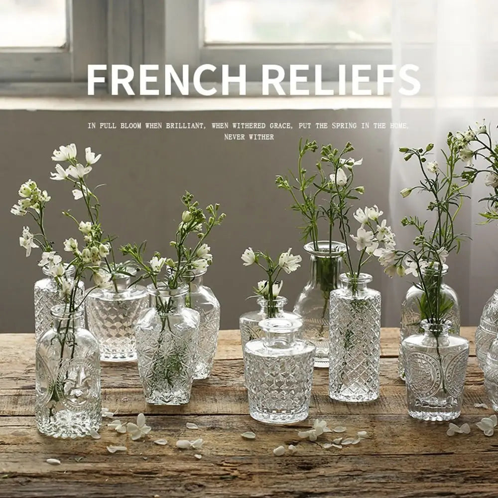 Vintage Relief Vase Ins Mini Glass Vase Transparent Hydroponic Plant Vase Desktop Ornamenter Bryllupsfest Levering Homeindretning