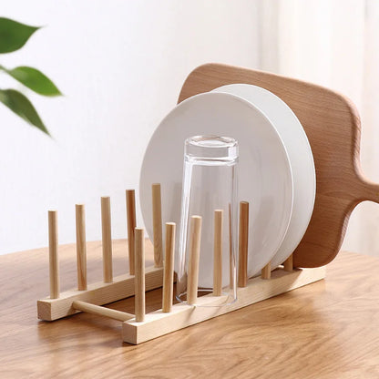 Plate oppbevaringsstativ Multifunksjonelt trefat Rack for kopp Dish Pot Lid Drain Holder Kitchen Arrangør Hylleoppbevaring