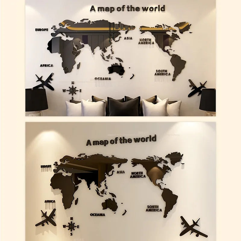 Nordic World Map Acrylic 3D Wall Decal Office Office, salon, canapé, décoration murale de fond