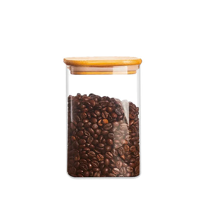 Quadratglas späicheren jars mat Bambus-Deckel fir Kaffi Bounen grenzen Nopeschlagerkëschte Casters Organisateuren